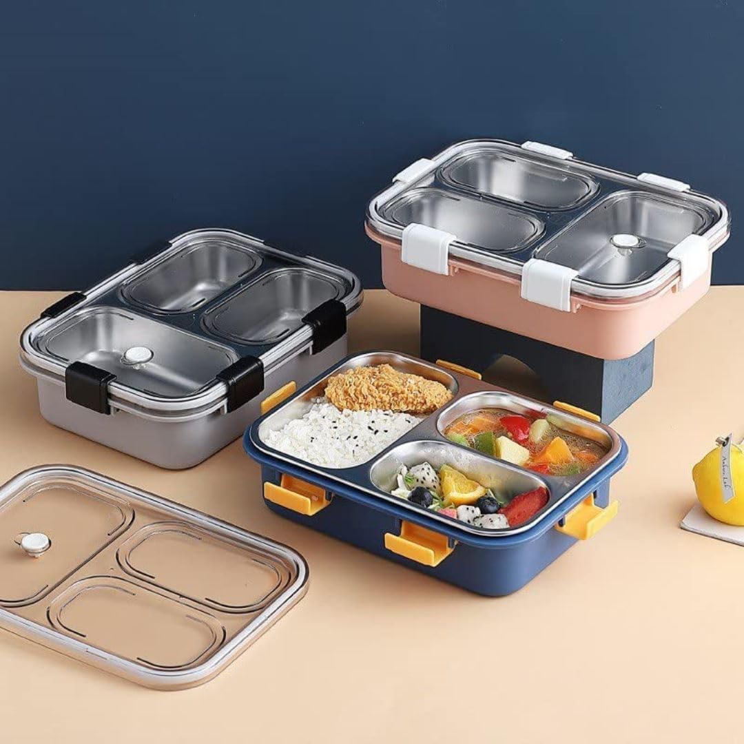 A set of three lunch boxes equipped with multiple compartments for organized meal storage and convenient meal preparation.
