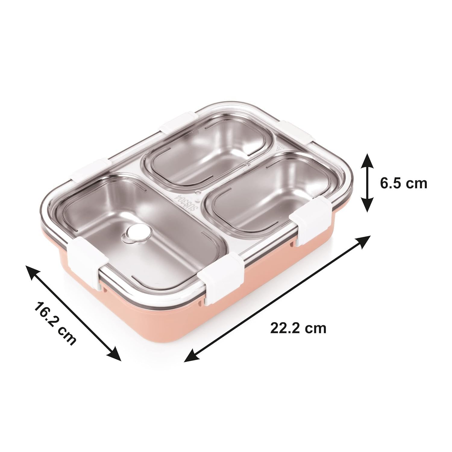 A rectangular lunch box designed with three compartments for convenient food organization.