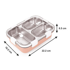 A rectangular lunch box designed with three compartments for convenient food organization.