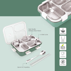 A stainless steel lunchbox with three compartments, a spoon, and chopsticks. It has a green exterior, six side locks, and is BPA-free, spill-proof, and food grade.