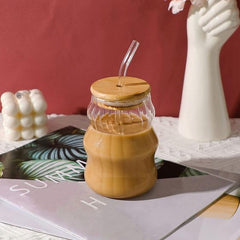 Ribbed Wavy Sipper Tumbler with Wooden Lid & Glass Straw 510ml Set of 2