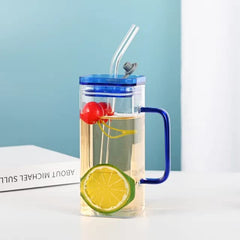 Square Glass Mason Jar with Colour Pp Lid & Straw 400ml Set of 2