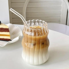 Ribbed Wavy Sipper Tumbler with Wooden Lid & Glass Straw 510ml Set of 2