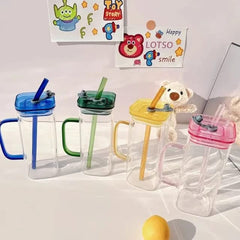 Square Glass Mason Jar with Colour Pp Lid & Straw 400ml Set of 2