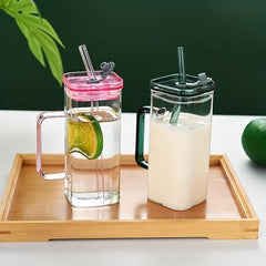 Square Glass Mason Jar with Colour Pp Lid & Straw 400ml Set of 2