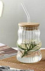 Ribbed Wavy Sipper Tumbler with Wooden Lid & Glass Straw 510ml Set of 2