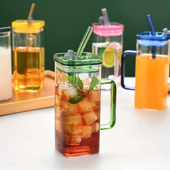 Square Glass Mason Jar with Colour Pp Lid & Straw 400ml Set of 2
