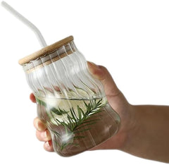 Ribbed Wavy Sipper Tumbler with Wooden Lid & Glass Straw 510ml Set of 2