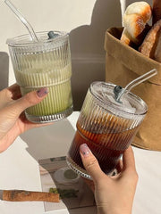 Vertical Stripe Glass Sipper with PP Lid & Glass straw 400ml Set of 2
