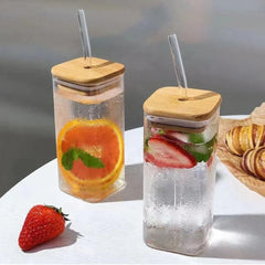 Square Mason Glass Jar with Wooden Lid & Straw 410ml Set of 2