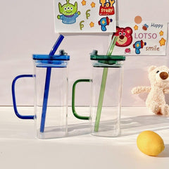 Square Glass Mason Jar with Colour Pp Lid & Straw 400ml Set of 2