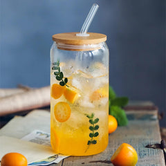 Can Shaped Glass with Wooden Lid & Glass Straw 540ml Set of 6
