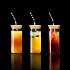 Square Mason Glass Jar with Wooden Lid & Straw 410ml Set of 2