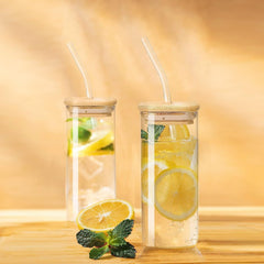 Square Mason Glass Jar with Wooden Lid & Straw 410ml Set of 2