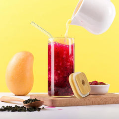 Square Mason Glass Jar with Wooden Lid & Straw 410ml Set of 2