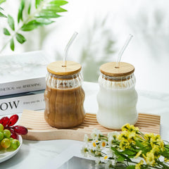 Ribbed Wavy Sipper Tumbler with Wooden Lid & Glass Straw 510ml Set of 2