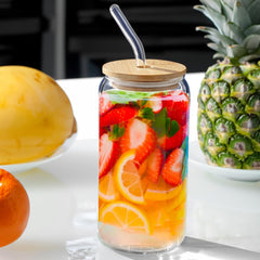 Can Shaped Glass with Wooden Lid & Glass Straw 540ml Set of 6