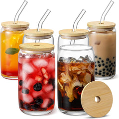 Can Shaped Glass with Wooden Lid & Glass Straw 540ml Set of 6
