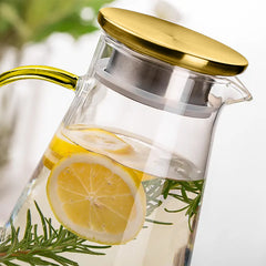 Borosilicate Glass Water Jug with Gold Lid Round Handle 1.8L