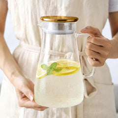 Borosilicate Glass Water Jug with Gold Lid Square Handle 1.8L