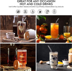 Vertical Stripe Glass Sipper with Wooden Lid & Glass straw 300ml Set of 2