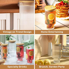 Vertical Stripe Glass Sipper with Wooden Lid & Glass straw 300ml Set of 2