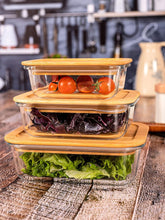 Rectangle Glass Lunch Box Set of 3 with Wooden Lid (370ml, 640ml, 1040ml)