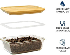 Rectangle Glass Lunch Box Set of 3 with Wooden Lid (370ml, 640ml, 1040ml)