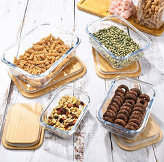 Rectangle Glass Lunch Box Set of 3 with Wooden Lid (370ml, 640ml, 1040ml)