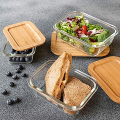 Rectangle Glass Lunch Box Set of 3 with Wooden Lid (370ml, 640ml, 1040ml)