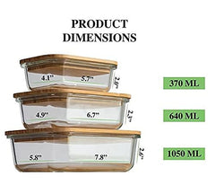 Rectangle Glass Lunch Box Set of 3 with Wooden Lid (370ml, 640ml, 1040ml)