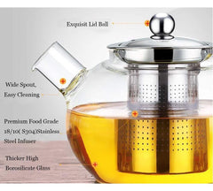 Round Borosilicate Glass Kettle 1000ml with Wide Spout & Stainless Steel Strainer