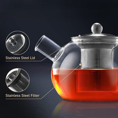 Round Borosilicate Glass Kettle 1000ml with Wide Spout & Stainless Steel Strainer