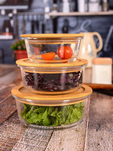 Round Glass Lunch Box Set of 3 with Wooden Lid (370ml, 640ml, 1040ml)