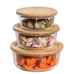 Round Glass Lunch Box Set of 3 with Wooden Lid (370ml, 640ml, 1040ml)