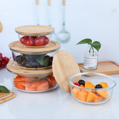 Round Glass Lunch Box Set of 3 with Wooden Lid (370ml, 640ml, 1040ml)