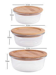 Round Glass Lunch Box Set of 3 with Wooden Lid (370ml, 640ml, 1040ml)