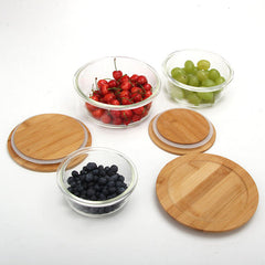 Round Glass Lunch Box Set of 3 with Wooden Lid (370ml, 640ml, 1040ml)