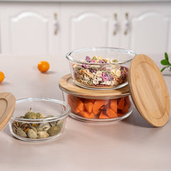 Round Glass Lunch Box Set of 3 with Wooden Lid (370ml, 640ml, 1040ml)