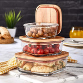 Square Glass Lunch Box Set of 3 with Wooden Lid (370ml, 640ml, 1040ml)