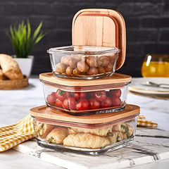 Square Glass Lunch Box Set of 3 with Wooden Lid (370ml, 640ml, 1040ml)