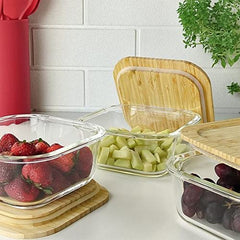 Square Glass Lunch Box Set of 3 with Wooden Lid (370ml, 640ml, 1040ml)