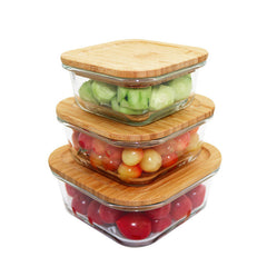 Square Glass Lunch Box Set of 3 with Wooden Lid (370ml, 640ml, 1040ml)