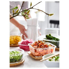 Square Glass Lunch Box Set of 3 with Wooden Lid (370ml, 640ml, 1040ml)