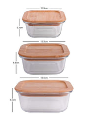 Square Glass Lunch Box Set of 3 with Wooden Lid (370ml, 640ml, 1040ml)