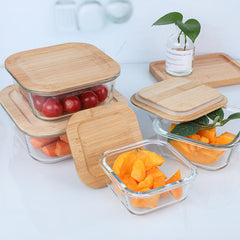 Square Glass Lunch Box Set of 3 with Wooden Lid (370ml, 640ml, 1040ml)