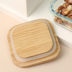 Square Glass Lunch Box Set of 3 with Wooden Lid (370ml, 640ml, 1040ml)