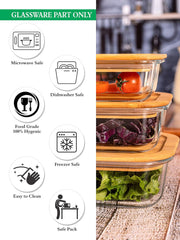 Square Glass Lunch Box Set of 3 with Wooden Lid (370ml, 640ml, 1040ml)