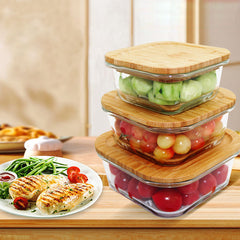 Square Glass Lunch Box Set of 3 with Wooden Lid (370ml, 640ml, 1040ml)