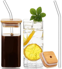 Square Mason Glass Jar with Wooden Lid & Straw 410ml Set of 2